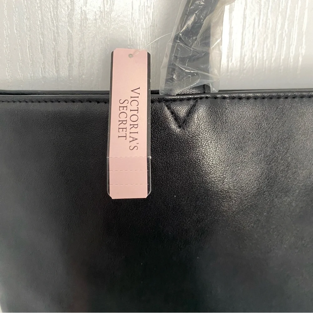 Victoria's Secret Black Fringe Tote Bag Purse Rose Gold Logo‎ 15x17